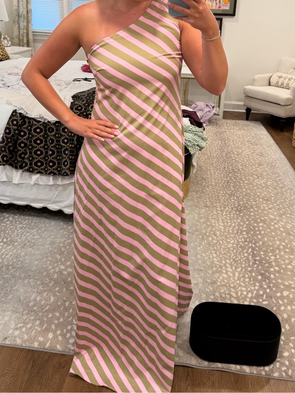 One-Shoulder Pink and Olive Striped Maxi Dress